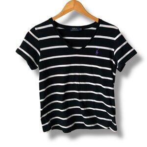 POLO RALPH LAUREN Blue Label Striped Tee Black White with Purple Logo Large